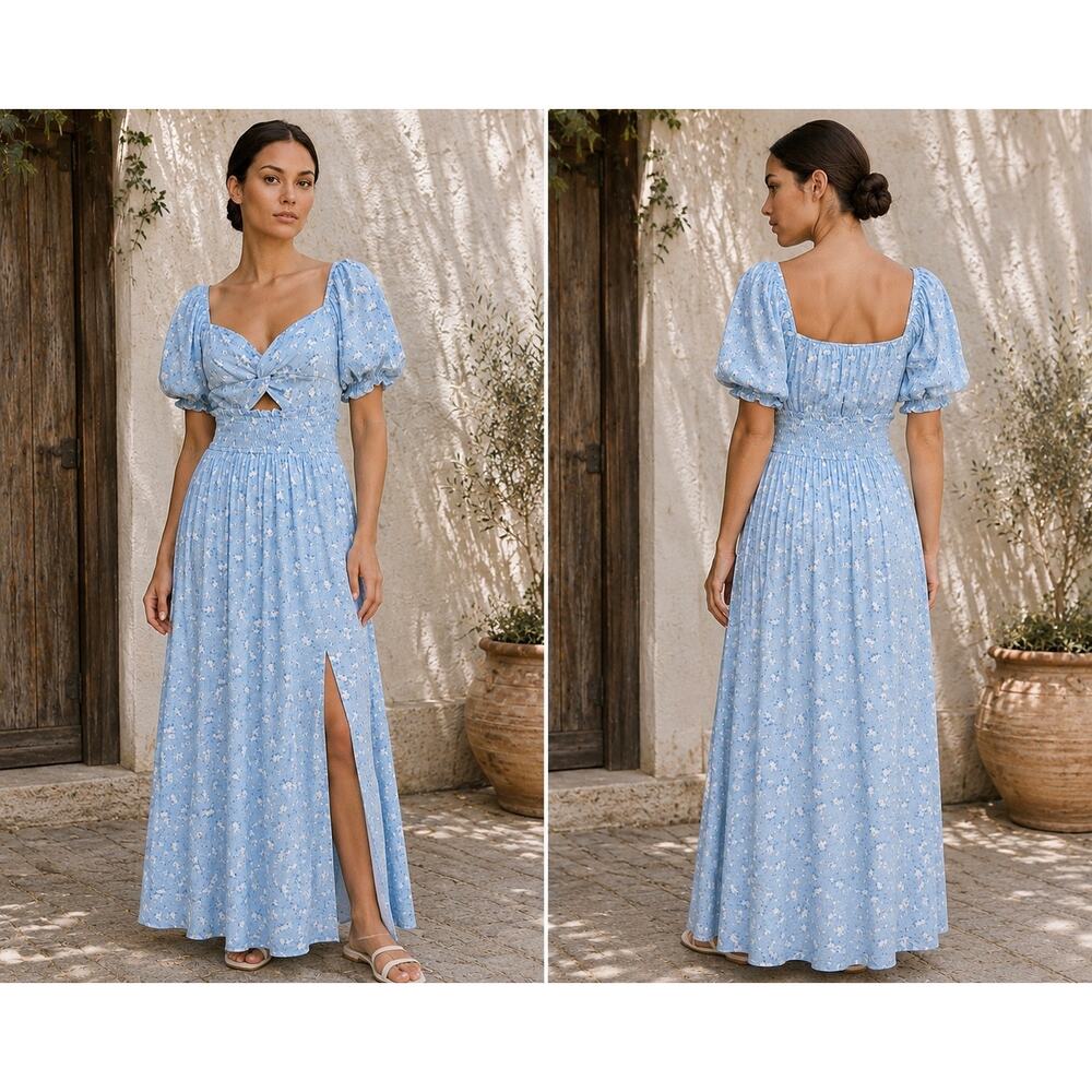 Altar'd State Blue Floral Maxi Dress Peekaboo Cutout Smocked Medium NWOT - Picture 2 of 8
